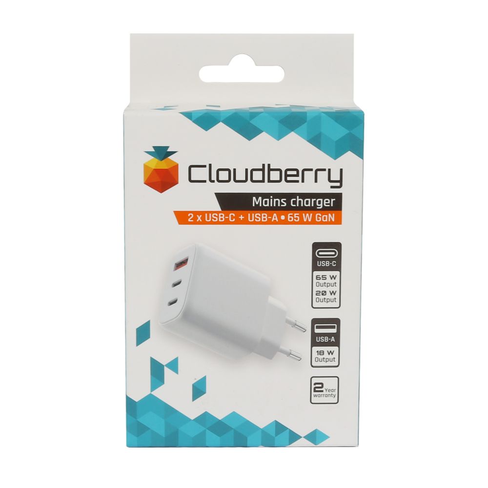 Cloudberry võrgulaadija, PD 2 x USB-C + USB-A, 65 W, GaN