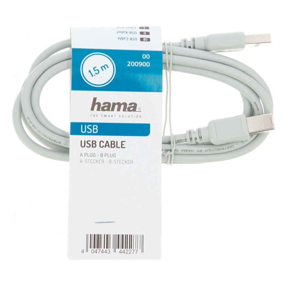 Hama USB-kaapeli, USB-A uros - USB-B uros, USB 2.0, 480 Mbit/s, 1,5 m