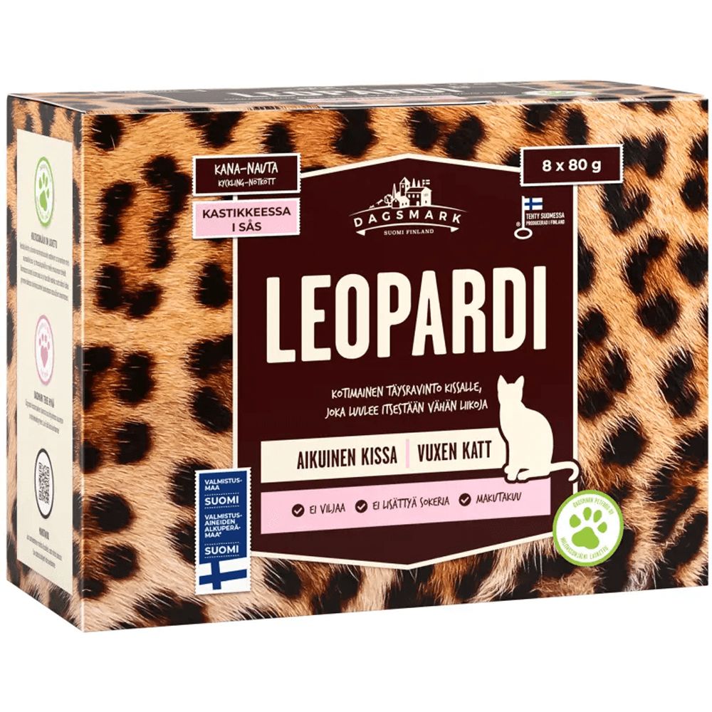 Dagsmark Leopardi Kotimainen Kissan Täysravinto Kanaa Ja Nautaa Kastikkeessa 8 x 80 g