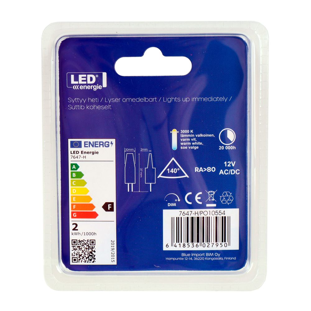 LED-lamp, 12 V, G4, 1,8 W, 3000 K, 200 lm, 2 tk