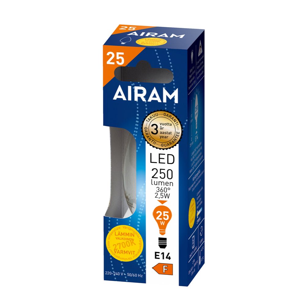 Airam LED kronljuslampa filament E14 2,5 W 2700 K 250 lm
