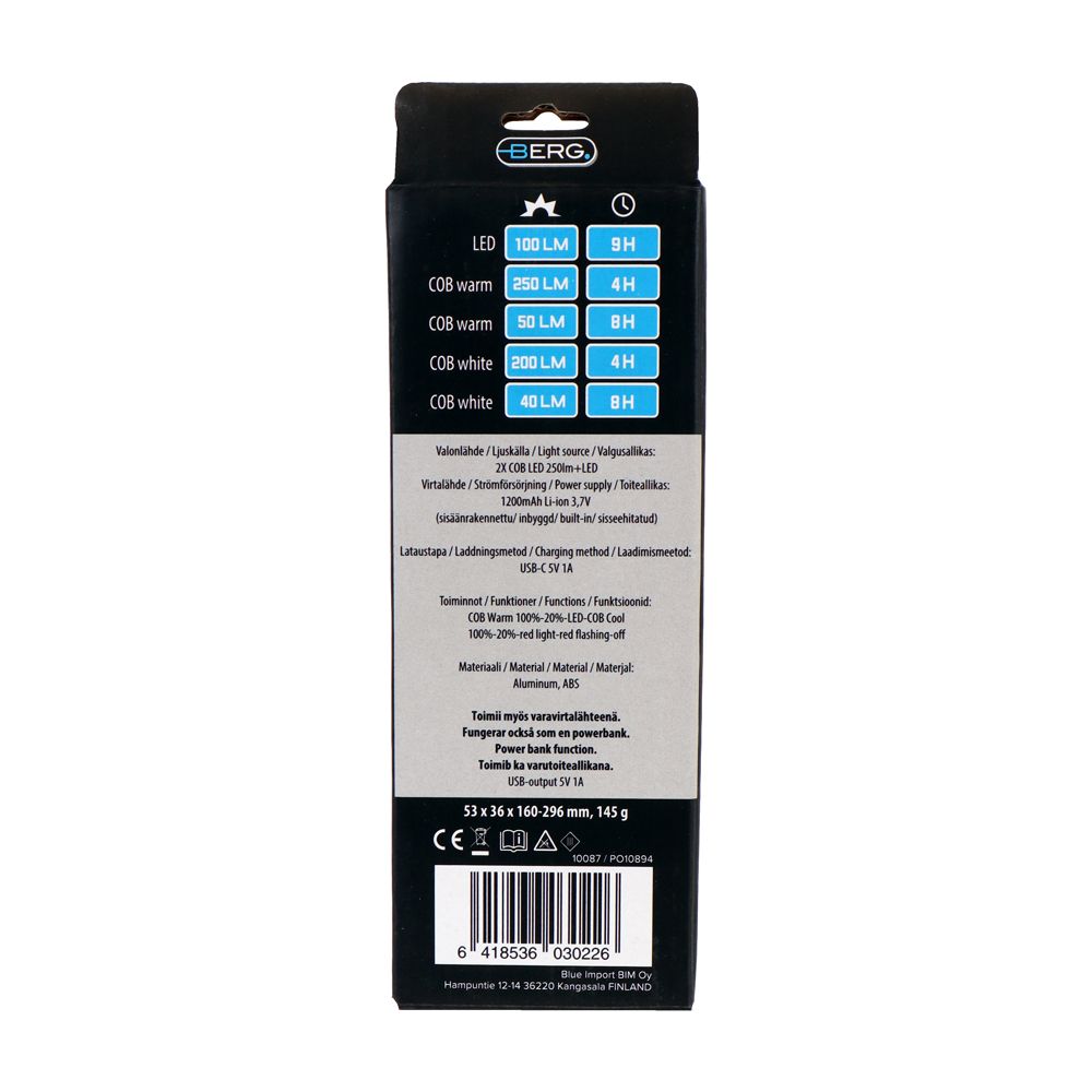 Berg LED-arbetslampa vikbar 1200 mAh 250 lm laddningsbar