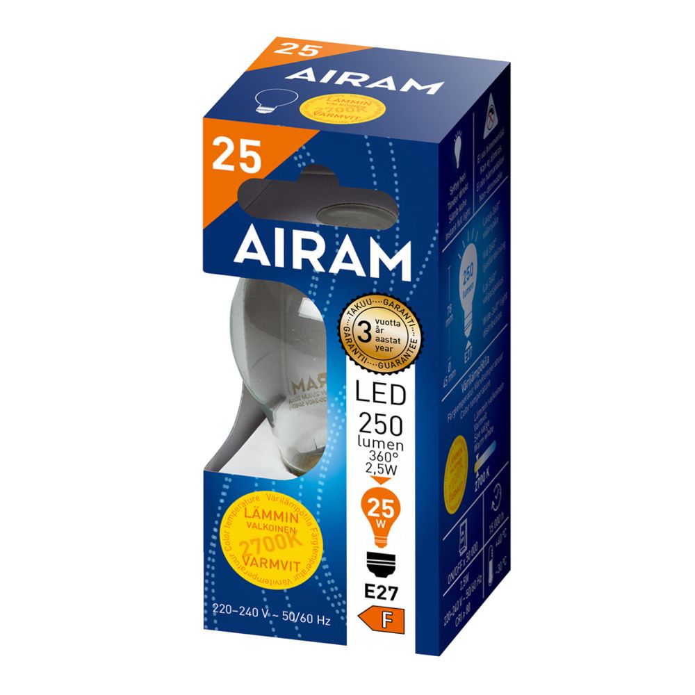 Airam LED-filamenttilamppu P45 E27 2,5W 250lm 2700K