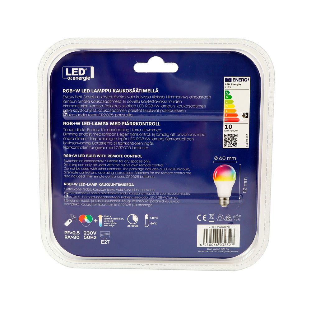 Led Energie RGB+W LED-lamp puldiga, E27, 9 W, 2700 K, 800 lm