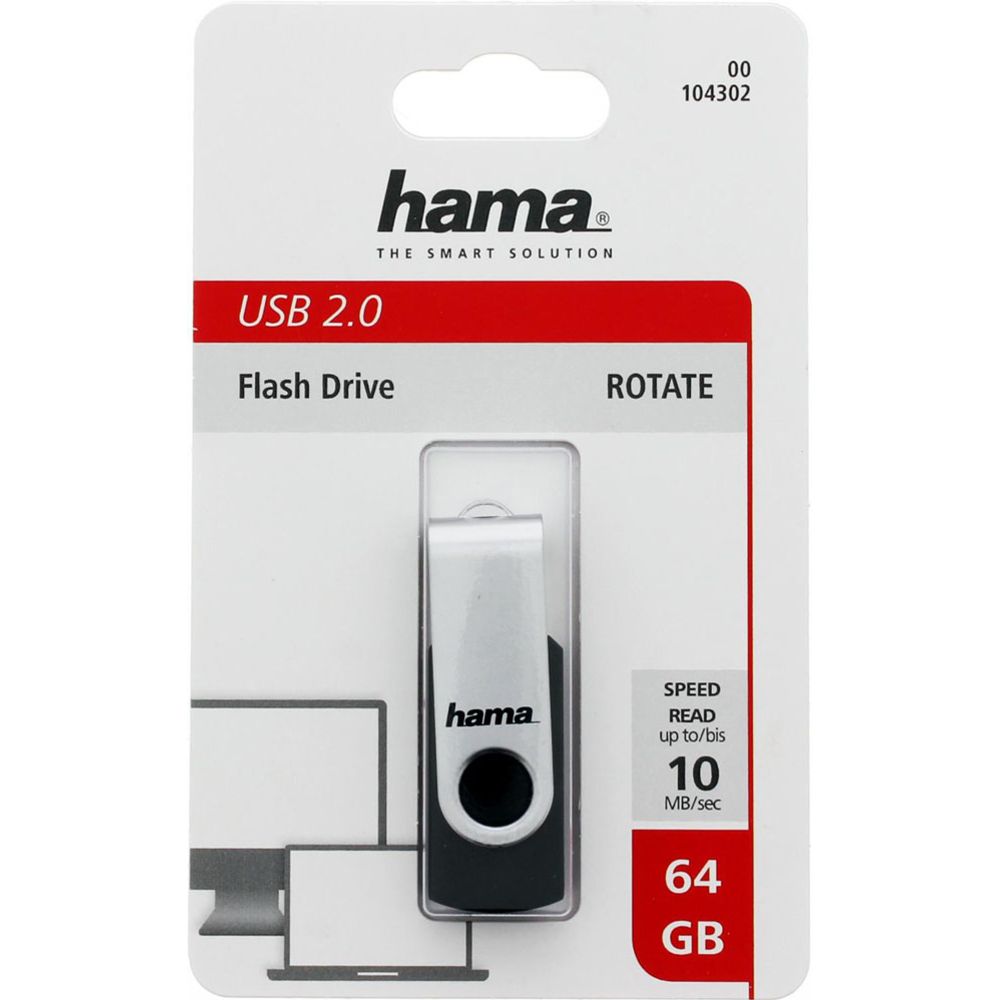 Hama Rotate muistitikku USB 64GB USB 2.0, 10 MB/s, musta/hopea