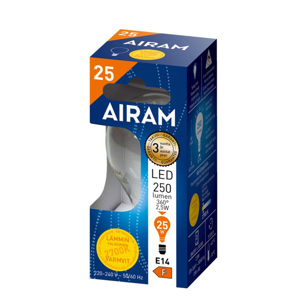 Airam LED-filamenttilamppu P45 E14 2,5W 250lm 2700K