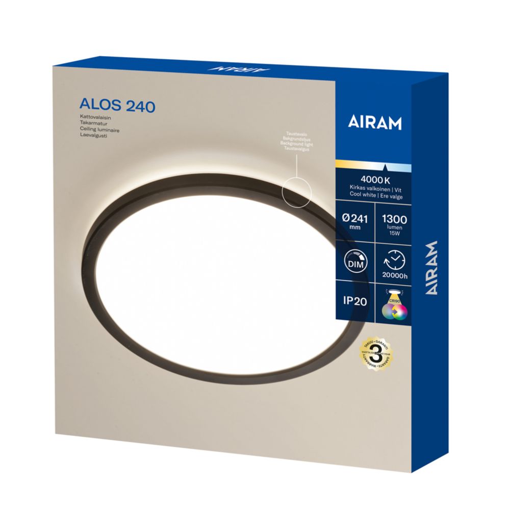 Airam Alos LED-taklampa Ø240mm 15W 1300lm 4000K IP20 dimbar svart