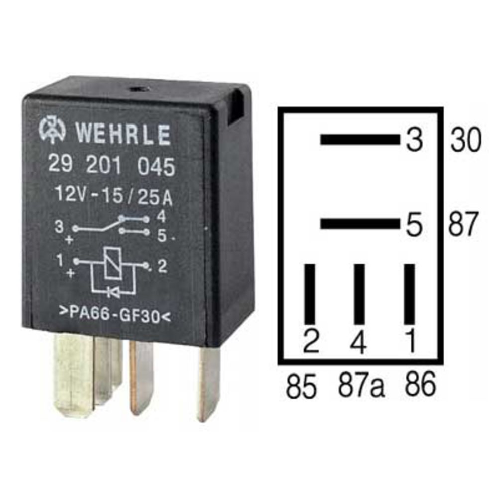 Mikrorelee 12 V, 15/25 A, 5 klemmiga