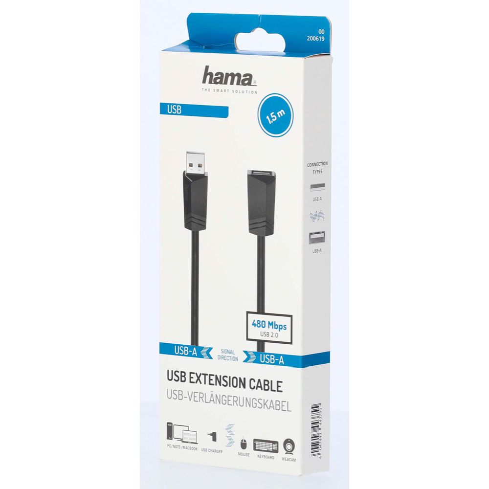 Hama USB-kabel, USB-A hane – USB-A hona, USB 2.0, 480 Mbit/s, 1,5 m