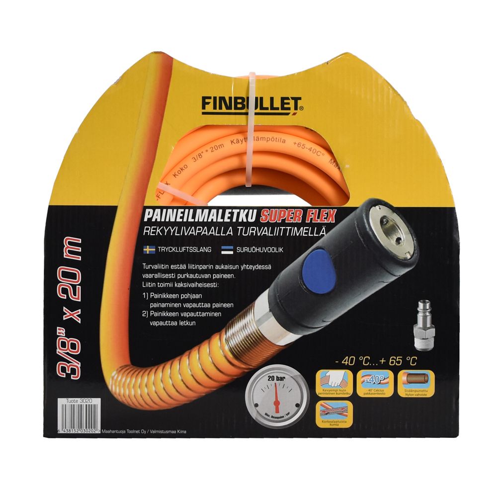 Paineilmaletku rekyylivapaalla turvaliittimellä 3/8" 20 m