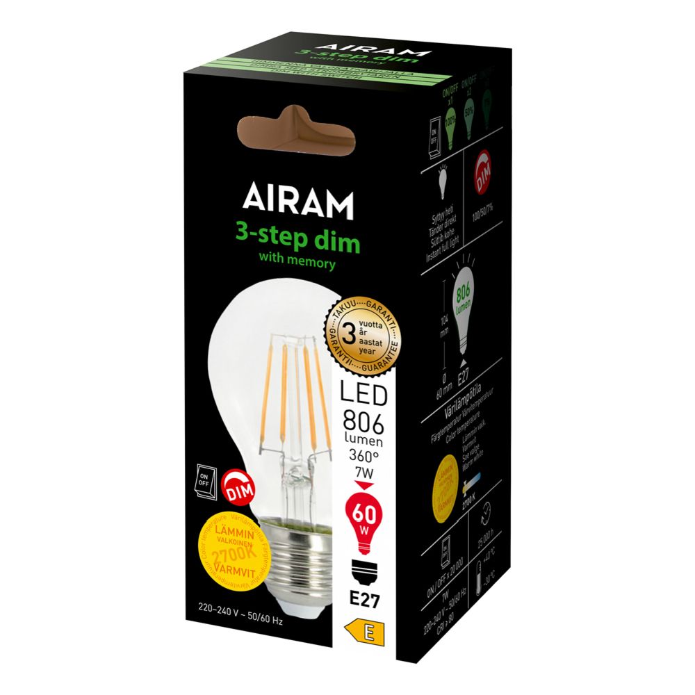 Airam LED-standardlampa filament dimbar i 3 steg 7 W E27 806 lm