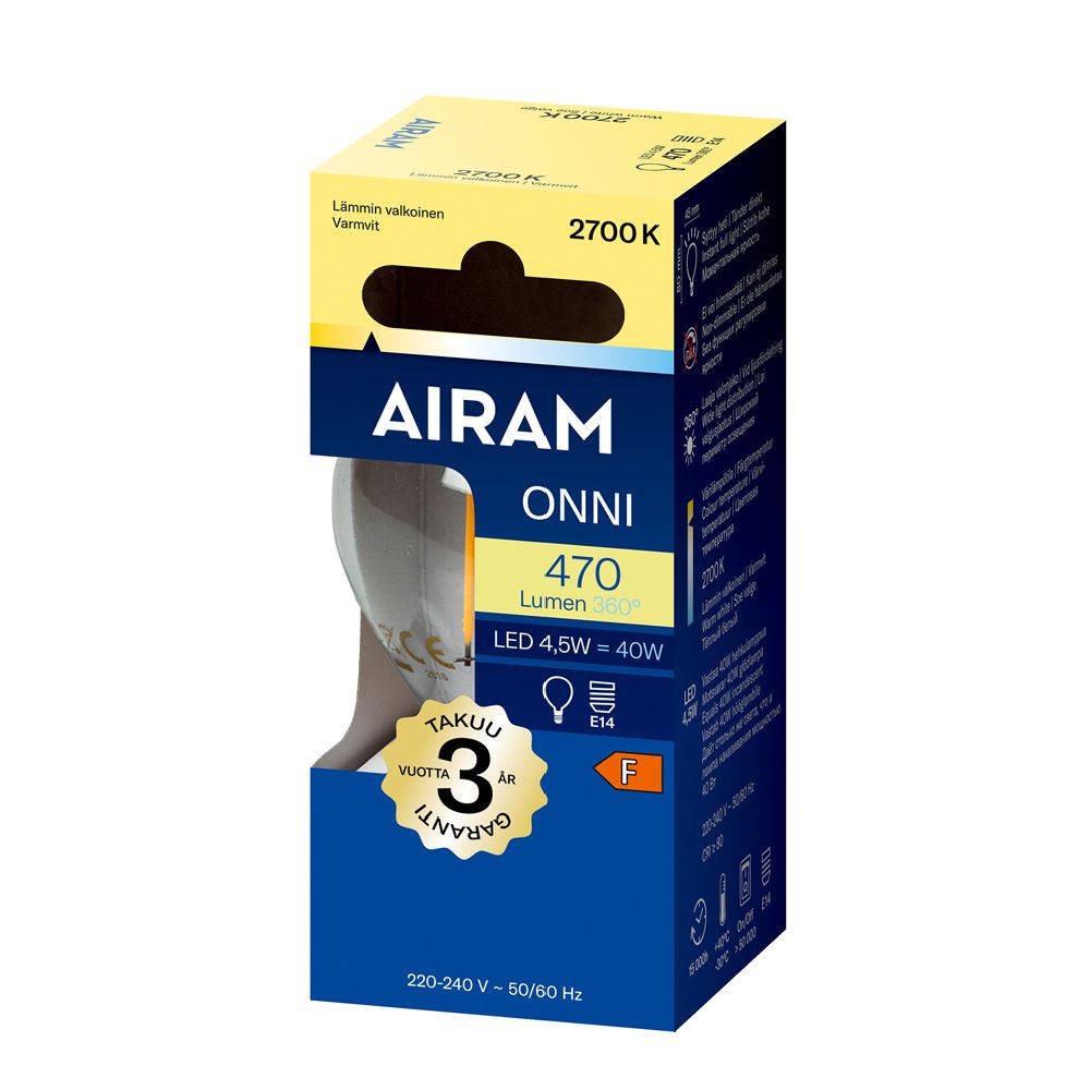 Airam LED-filamentlampa P45 E14 4,5W 470lm 2700K