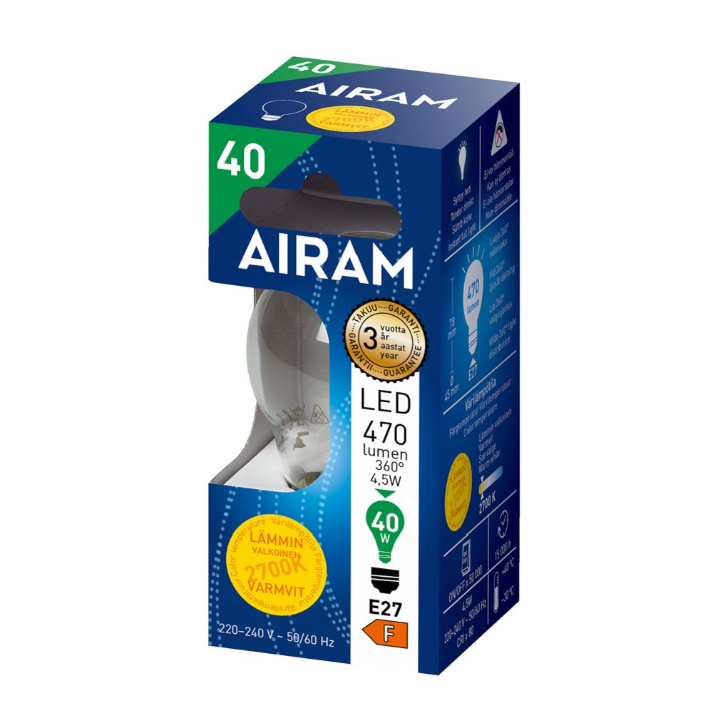 Airam LED-filamentlampa P45 E27 4,5W 470lm 2700K