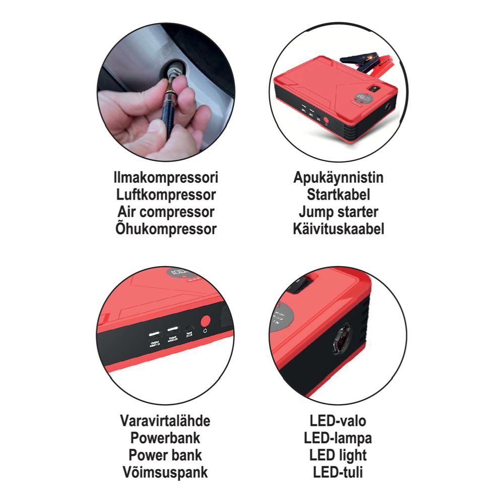 AX4 Starthjälp med luftkompressor 12 V 500/1000 A 14000 mAh