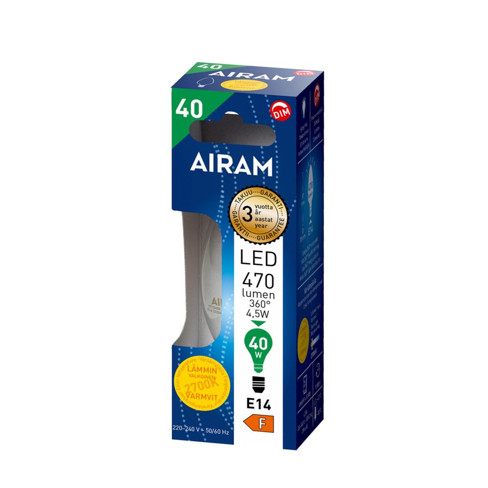 Airam LED-filamentlampa C35 E14 4,5W 470lm 2700K dimbar