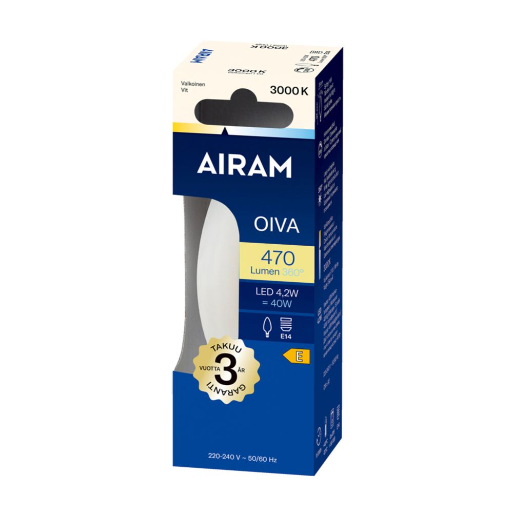 Airam Oiva LED-filamenttilamppu C35 E14 4,2W 470lm 3000K IP20 himmennettävä