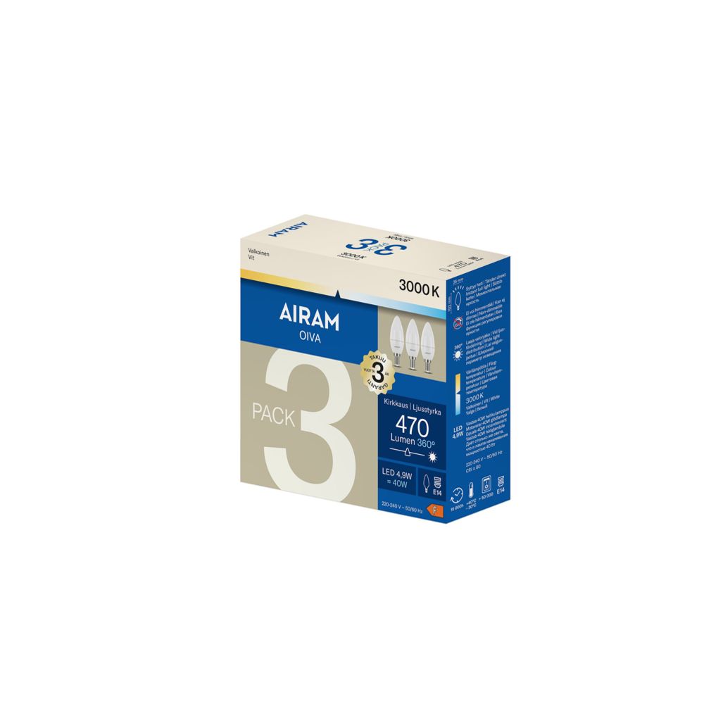 Airam LED-kronljuslampa E14 4,9 W 3000 K 470 lm 3 st.