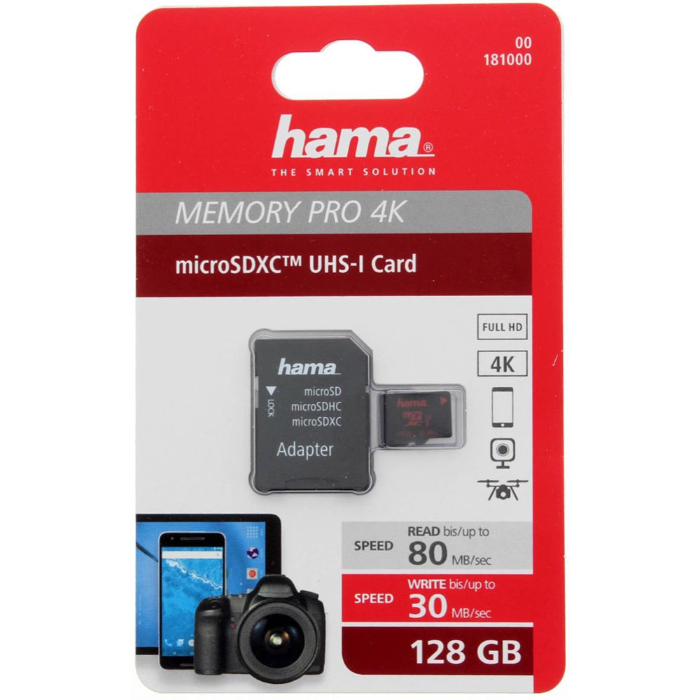 Hama microSDXC muistikortti 128GB UHS Speed Class 3 UHS-I 80MB/s + Adapteri