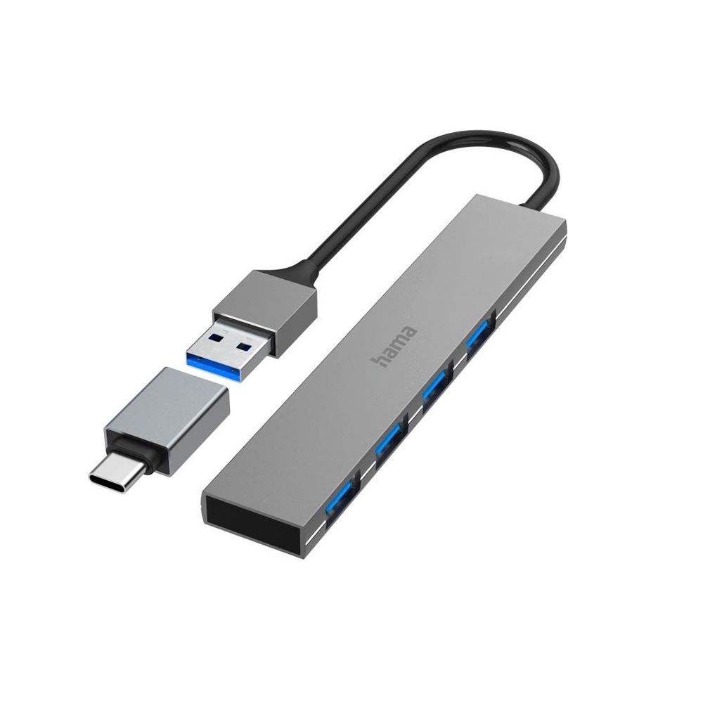 Hama USB-jaotur, 4-porti, USB-A + USB-C adapter, Ultra-Slim, USB 3.2 Gen 1, 5 Gbit/s