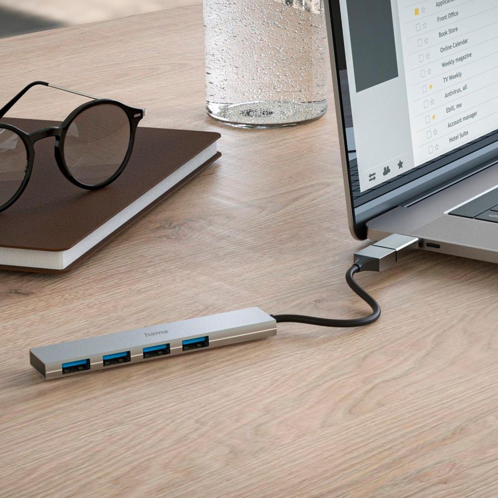 Hama USB-hubi, 4-porttinen, USB-A + USB-C adapteri, Ultra-Slim, USB 3.2 Gen 1, 5 Gbit/s