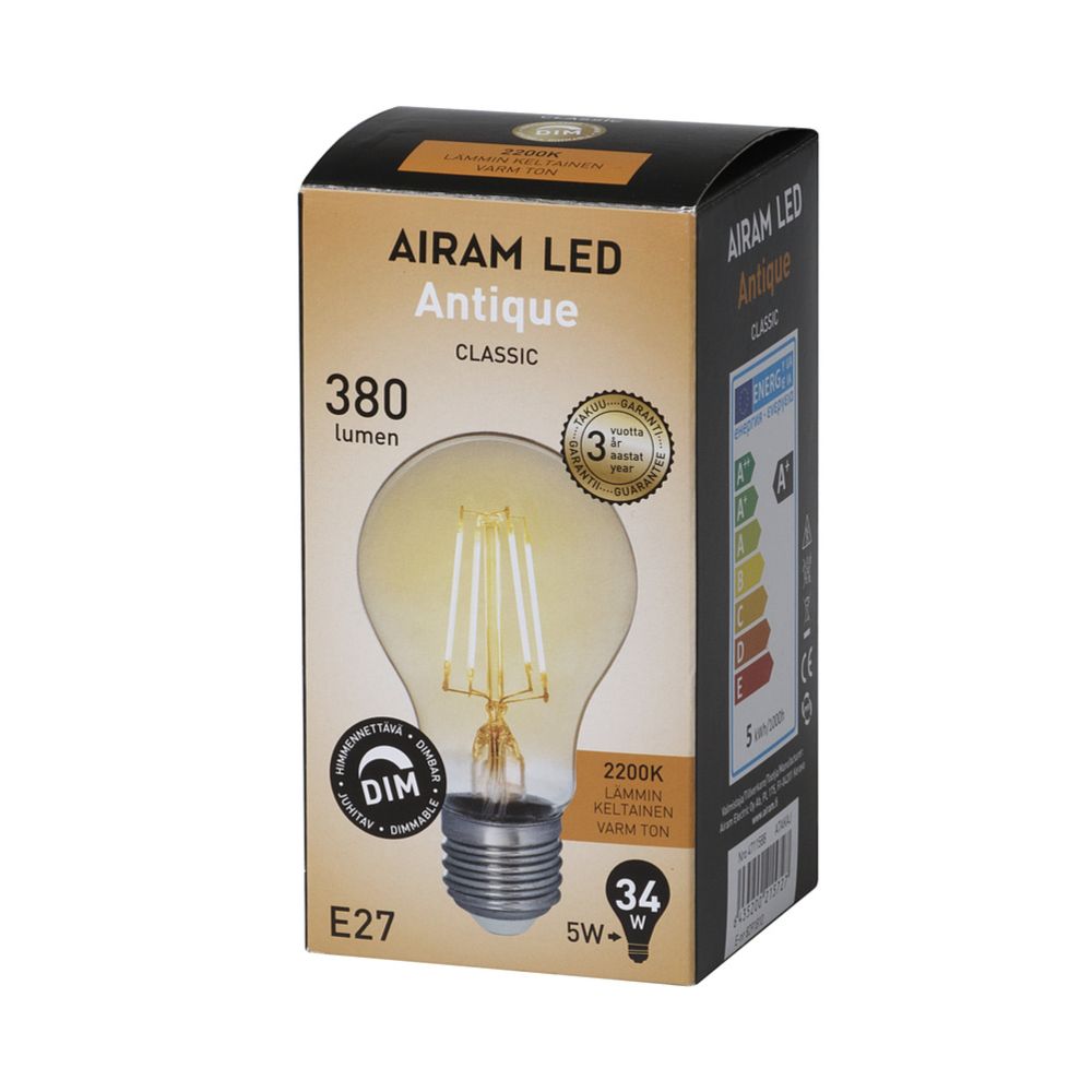 Airam LED antique pallolamppu E27 5W 2200 K 380 lm himmennettävä
