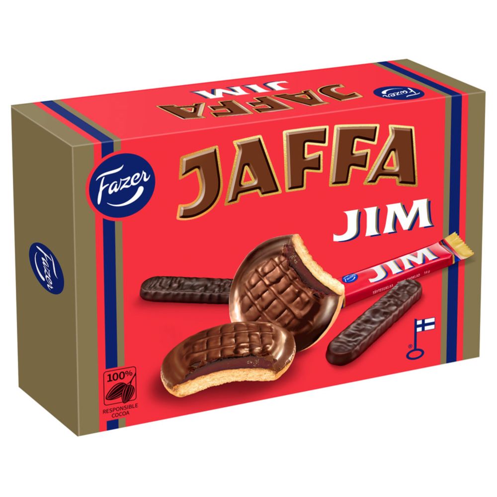 Fazer Jaffa Jim suklaakuorrutteinen hedelmänmakuinen täytekeksi 300g