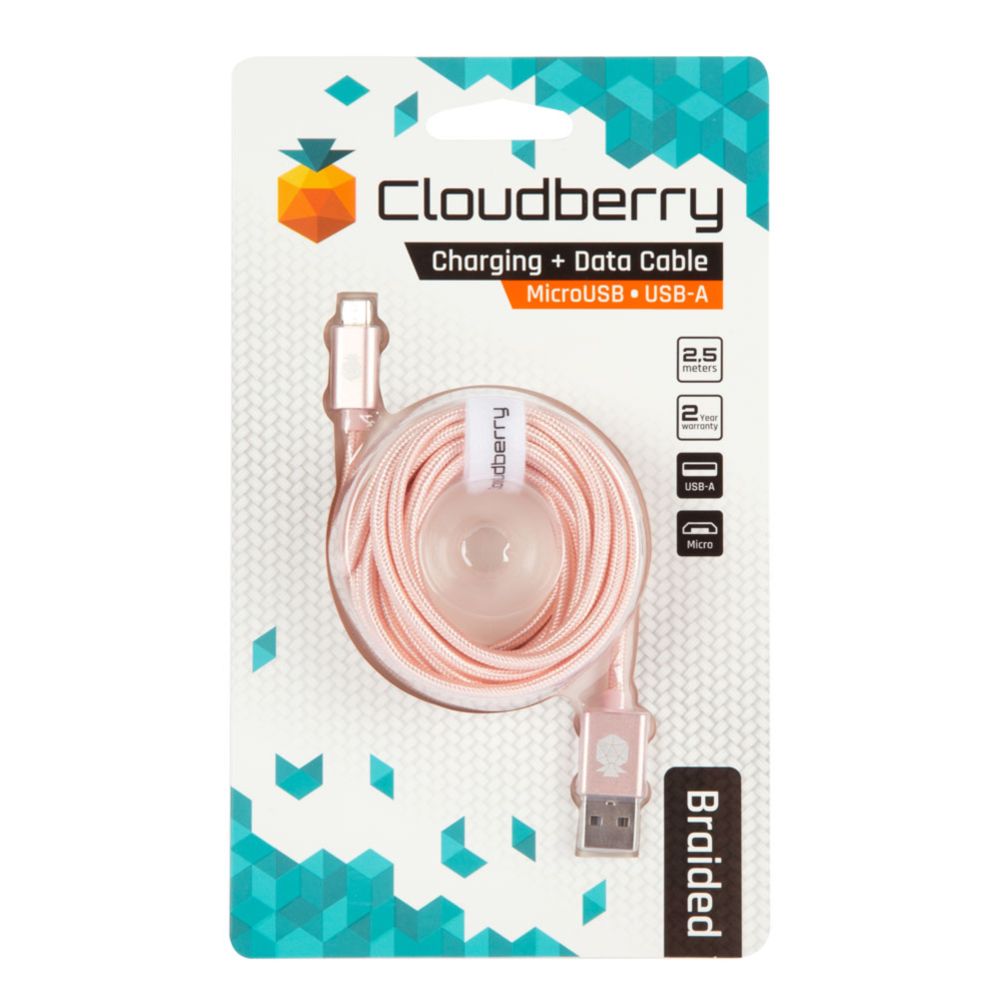 Cloudberry MicroUSB vahvarakenteinen datakaapeli 2,5 m ruusukulta