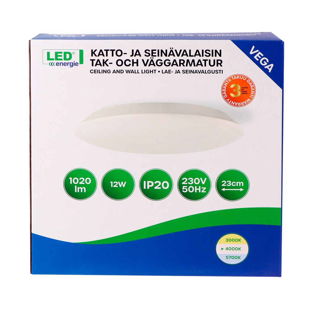 Led Energie VEGA kattovalaisin 12 W Ø 230 mm 1020 lm 4000 K IP20