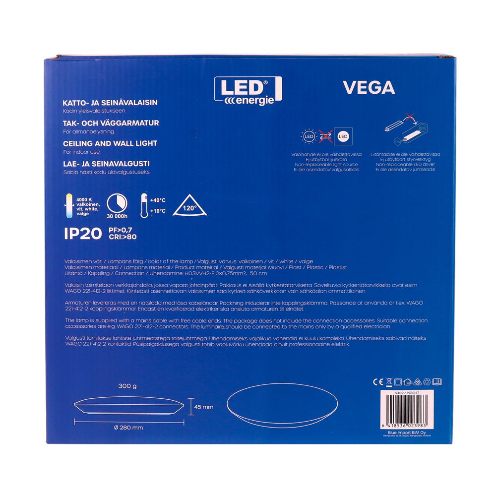 Led Energie VEGA kattovalaisin 18 W Ø 280 mm 1530 lm 4000 K IP20