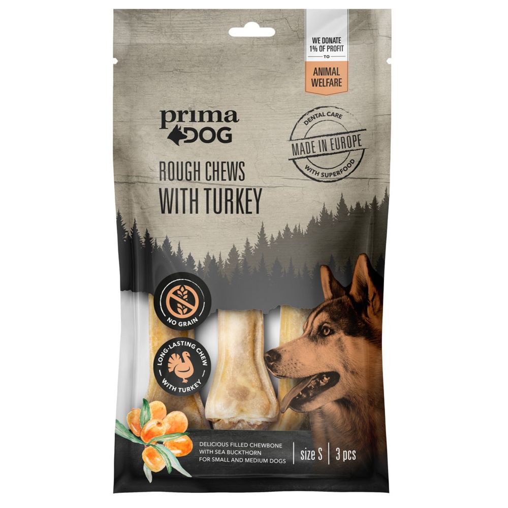PrimaDog Rough Chews fyllt tuggben kalkon-havtorn S 10 cm 105 g, 3 st.