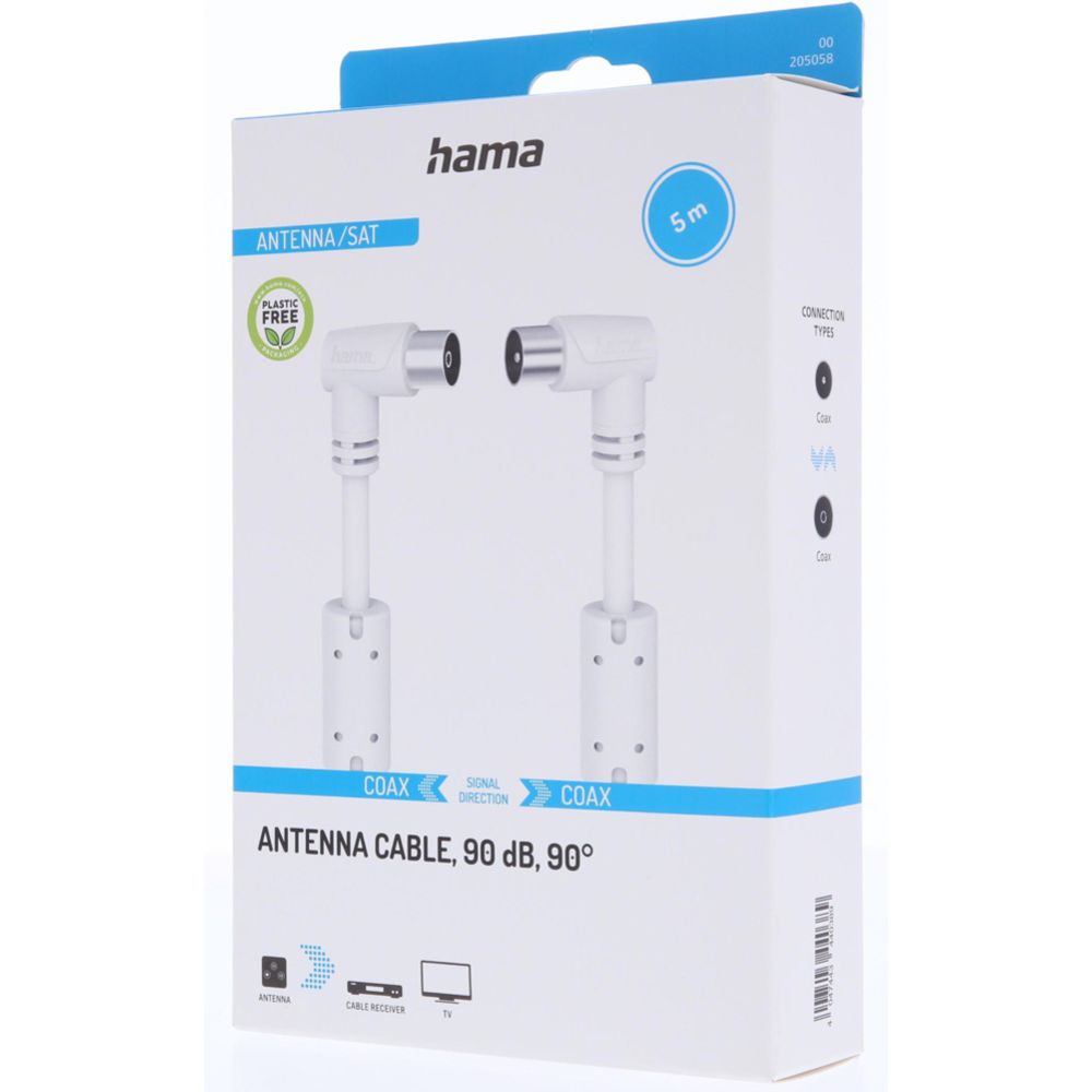 Hama Antennikaapeli, Coax uros - Coax naaras, 90°, 5,0 m, 90 dB, valkoinen