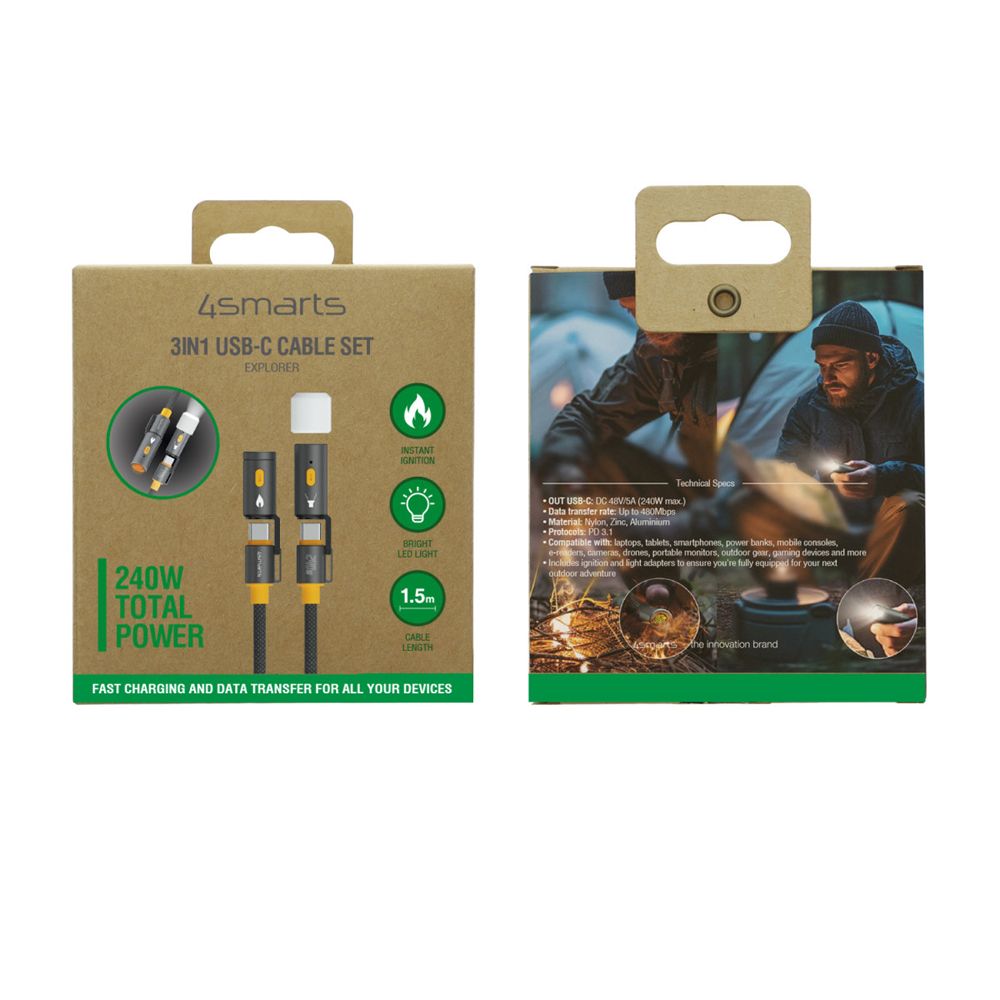 4Smarts Explorer 3 in 1 USB-C-kabel 240 W 1,5 m svart