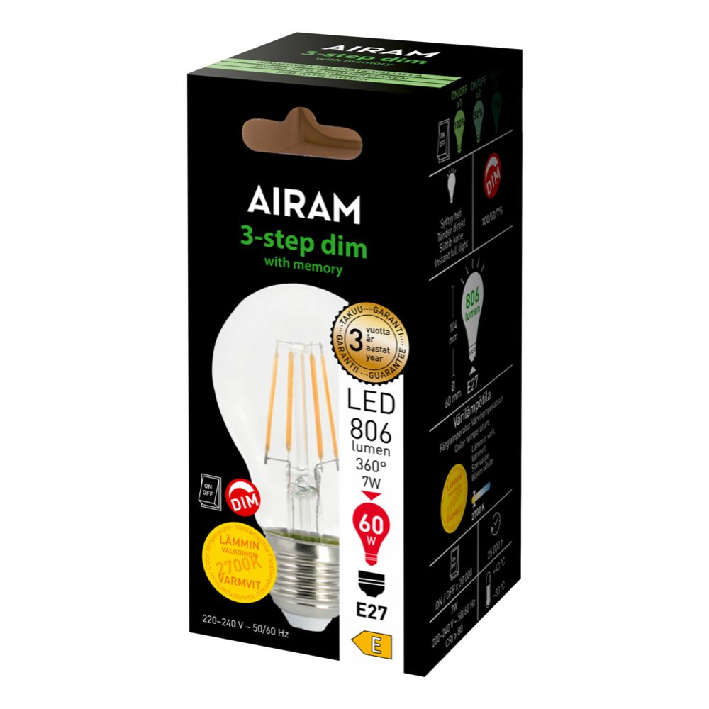 Airam Standard LED-lamp, 3-astmeline hämardus, 7 W, E27, 806 lm