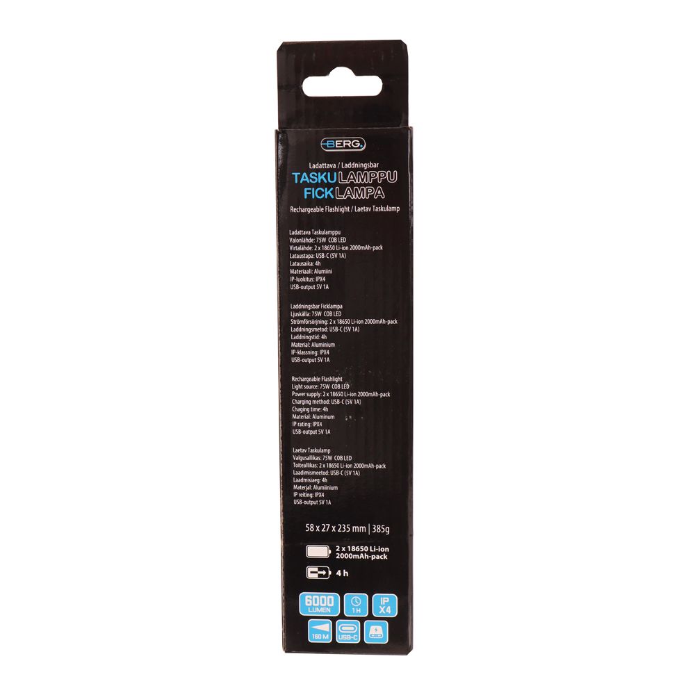 Berg laddningsbar LED-ficklampa 75 W 6000 lm aluminium