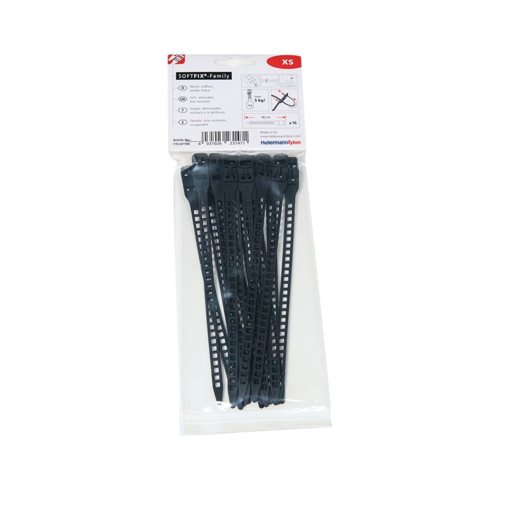 HellermannTyton Softfix XS avatav plastvits 180 x 7,0 must 16 tk