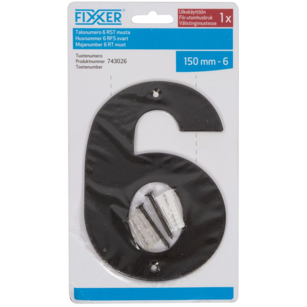 Fixxer® talonumero "6" mustaksi maalattu teräs 150 mm