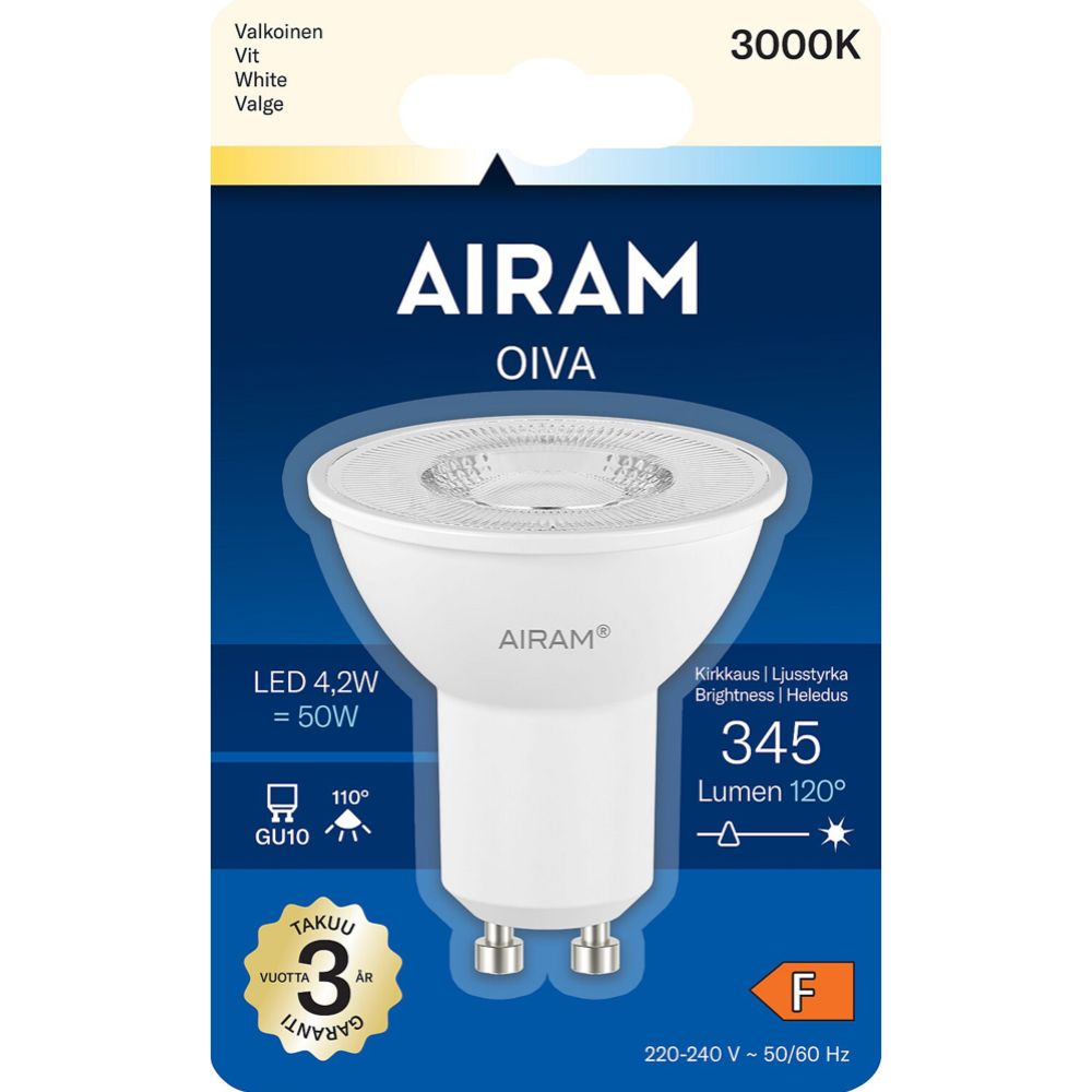 Airam Oiva LED-kohdelamppu PAR16 GU10 4,2W 345lm 3000K IP20