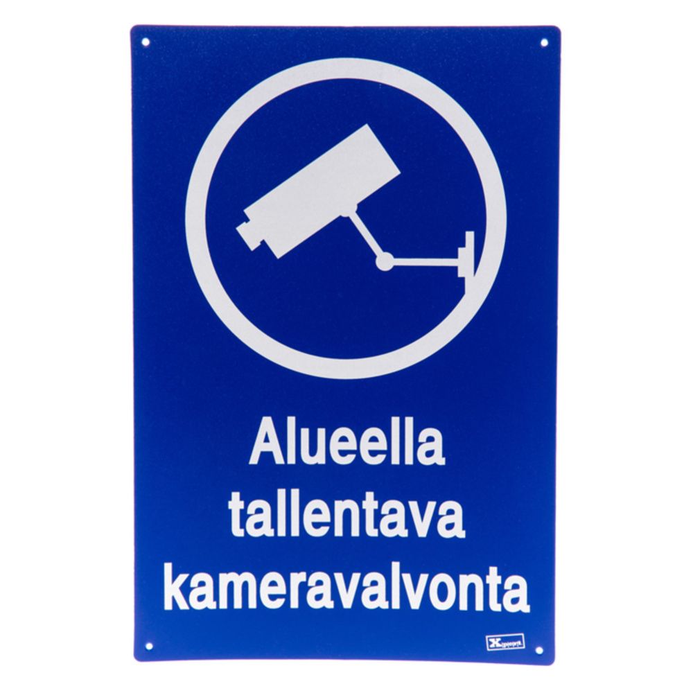 Varoituskyltti "Alueella tallentava kameravalvonta"