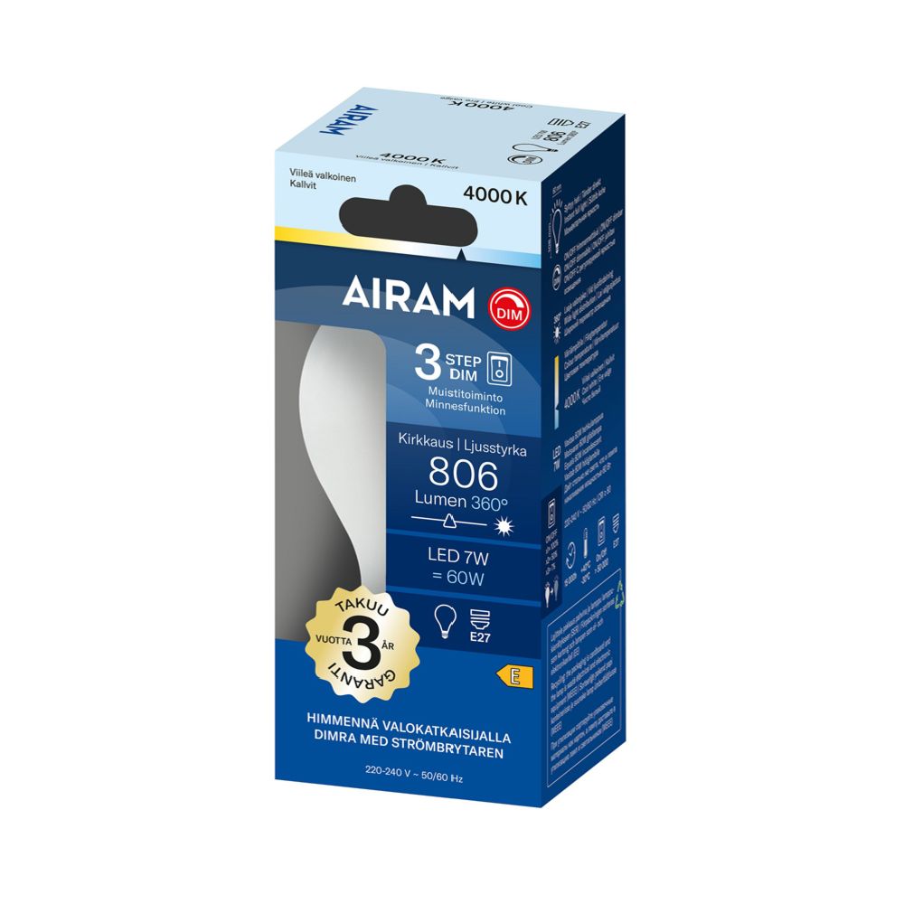 Airam 3-Step LED-filamentlampa A60 E27 7W 806lm 4000K IP20 dimbar