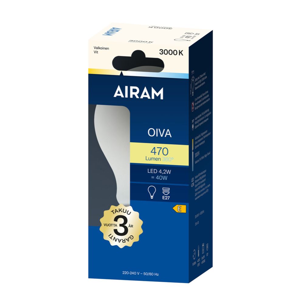 Airam Oiva LED-vakiokupulamppu A60 E27 4,2 W 470lm 3000K