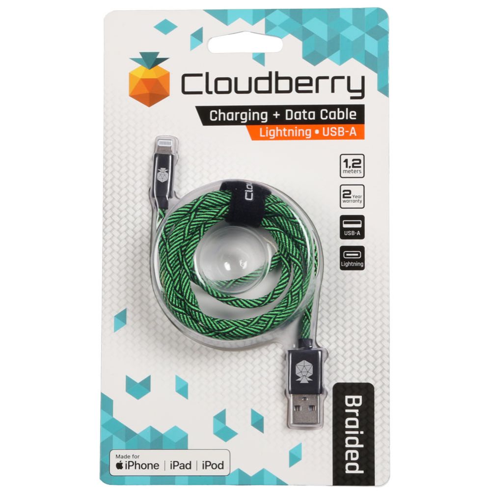 Cloudberry USB-A Lightning vastupidav andmekaabel, must/roheline, 1,2 m