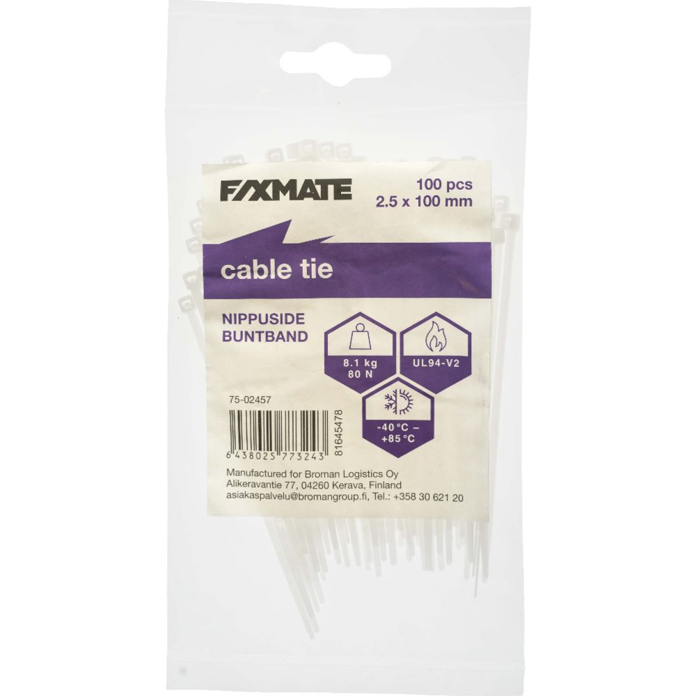 FixMate kabelband 2,5 mm x 100 mm vit 100 st.