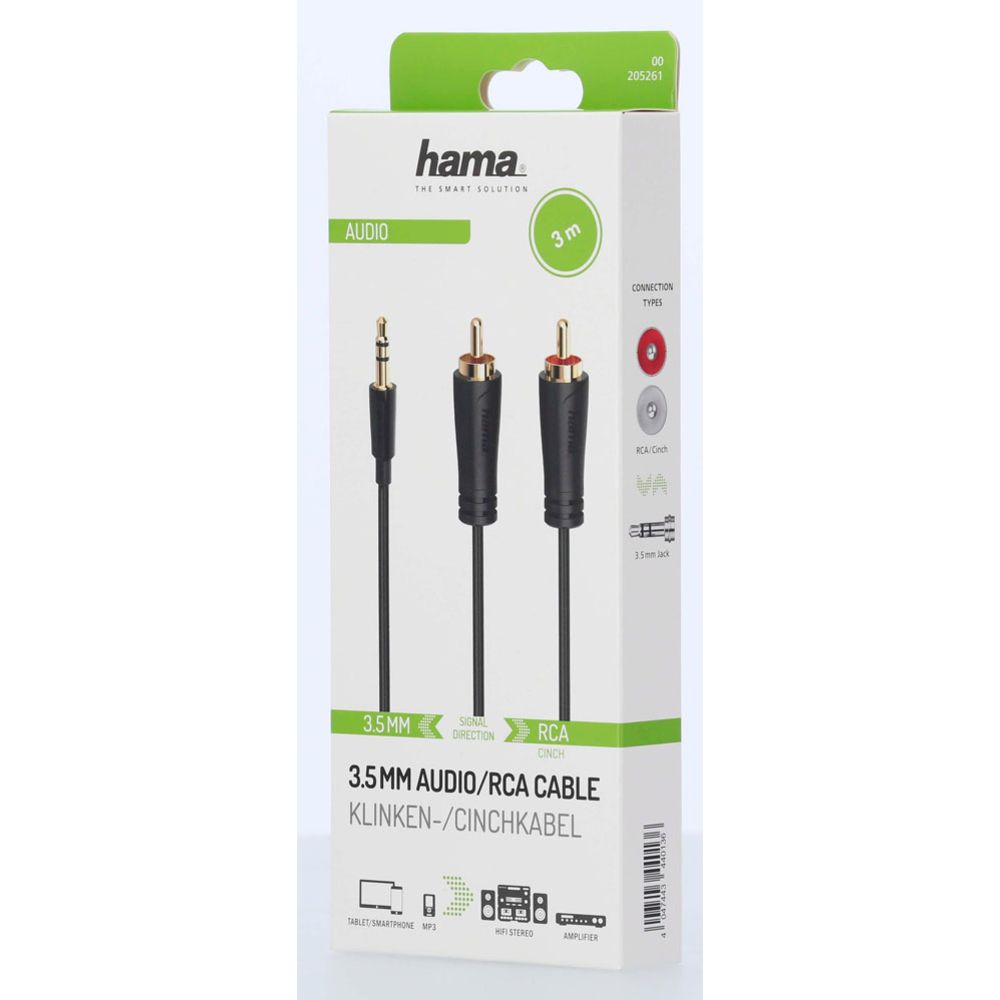 Hama audiokabel, 3,5 mm hane - 2 x RCA hane, 3,0 m, guldpläterade kontakter