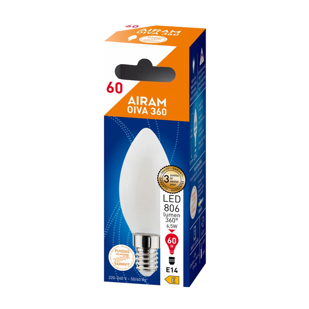 Airam Oiva LED-filamentlampa C35 E14 6,5W 806lm 3000K IP20