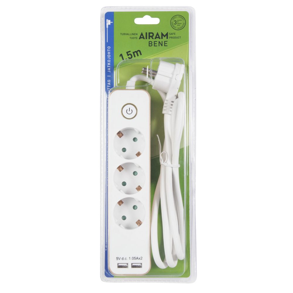 Airam Bene 3-osaline pikendusjuhe 1,5 m, lülitiga + 2 x USB