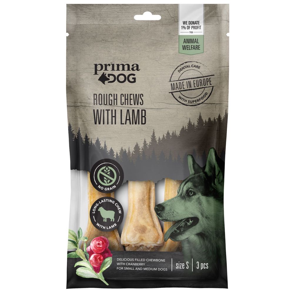PrimaDog Rough Chews fyllt tuggben lamm-tranbär S 10 cm 105 g, 3 st.