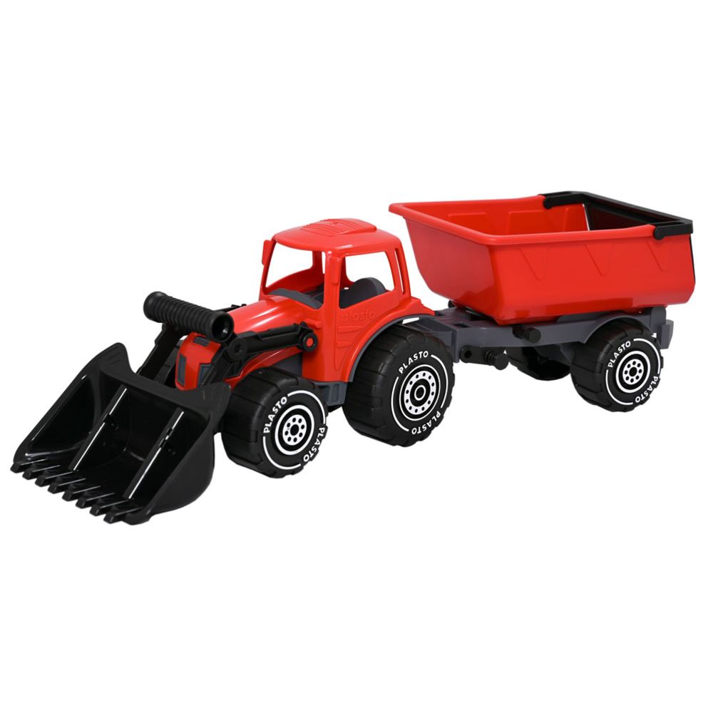 Plasto kopa ja järelkäruga traktor, punane