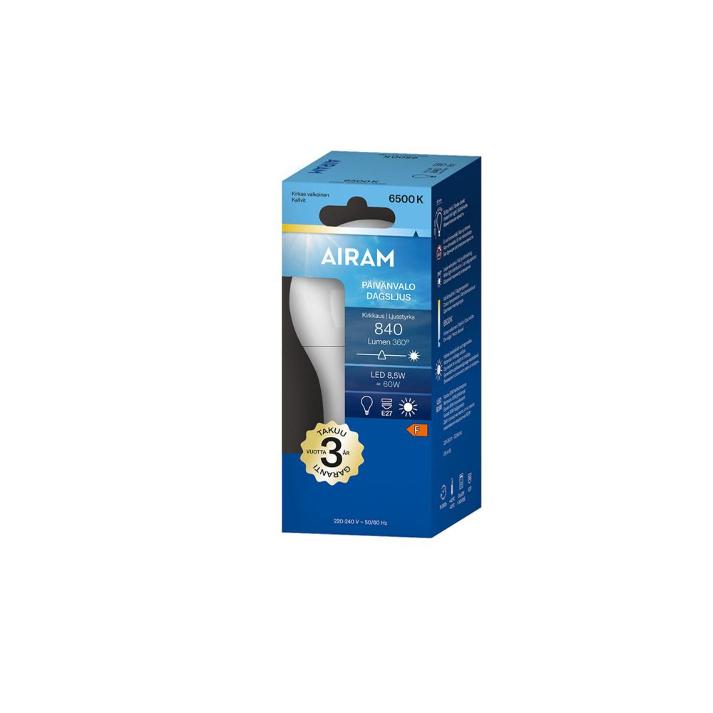 Airam LED-ümarlamp, päevavalguslamp, E27, 8,5 W, 6500 K, 840 lm