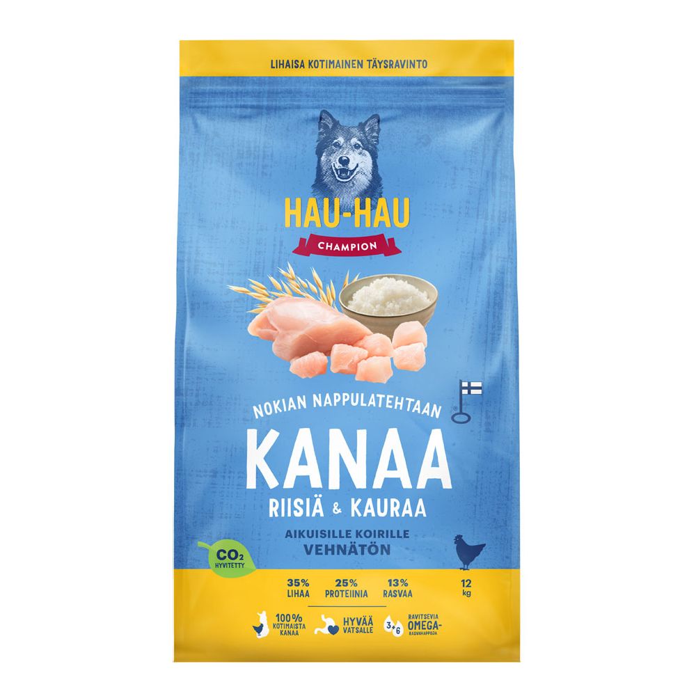 Hau-Hau Champion täistoit kana, riisi ja kaeraga täiskasvanud koertele, 12 kg