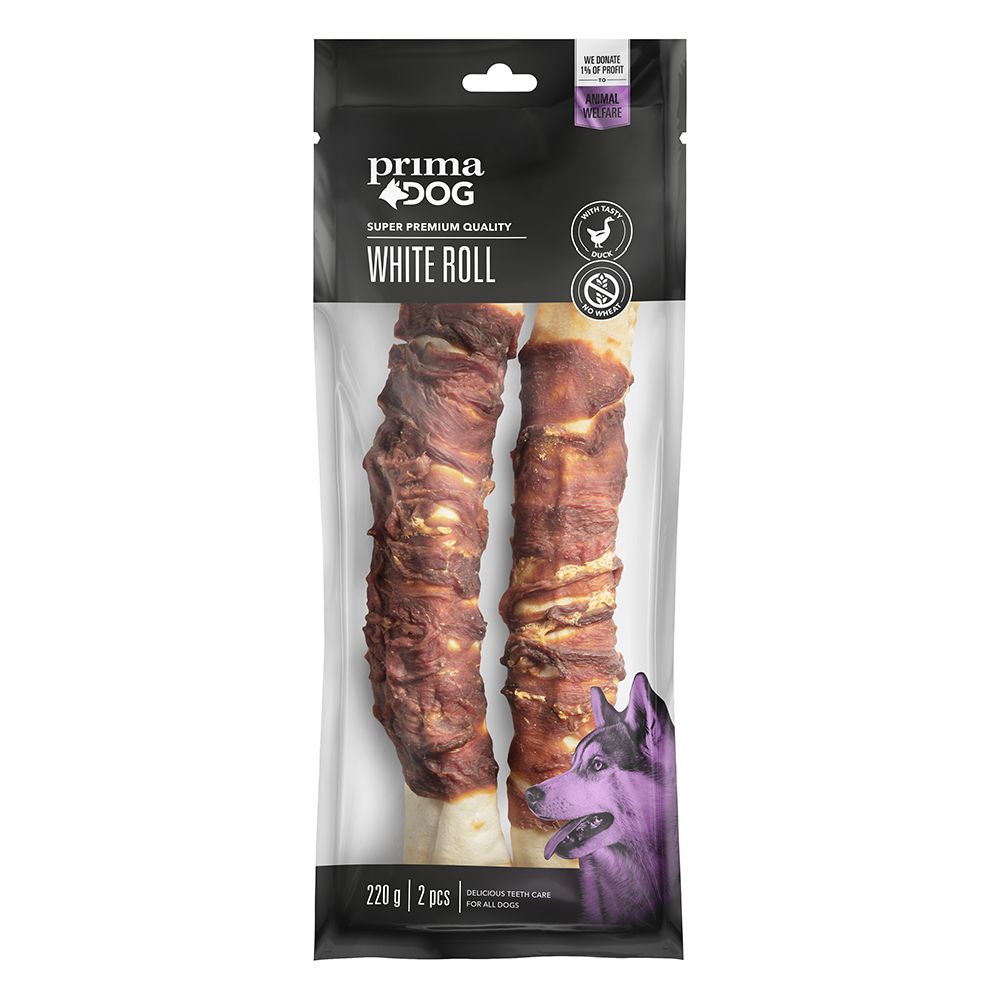 PrimaDog vit tuggrulle med anka 25 cm 220 g, 2 st.